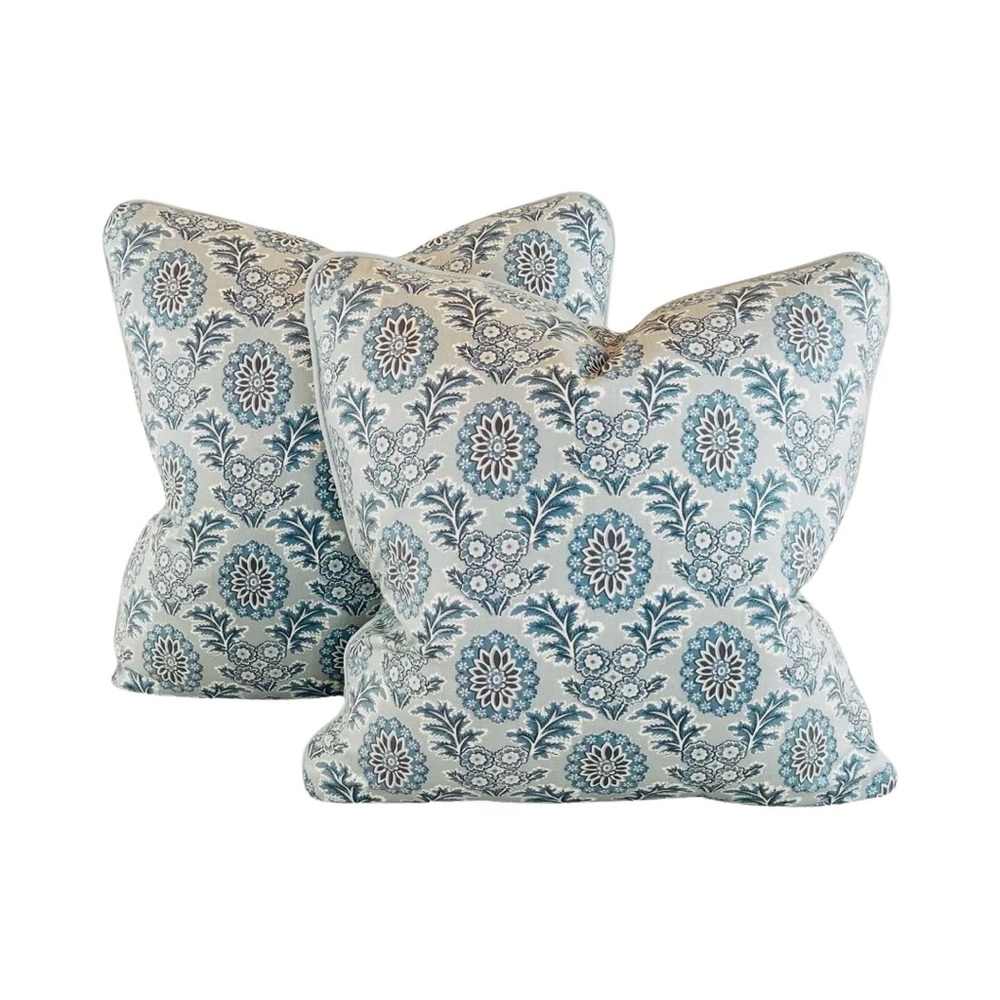 Pair French General Aqua Blue Gray Boheme Damask Floral 18” Pillow Covers